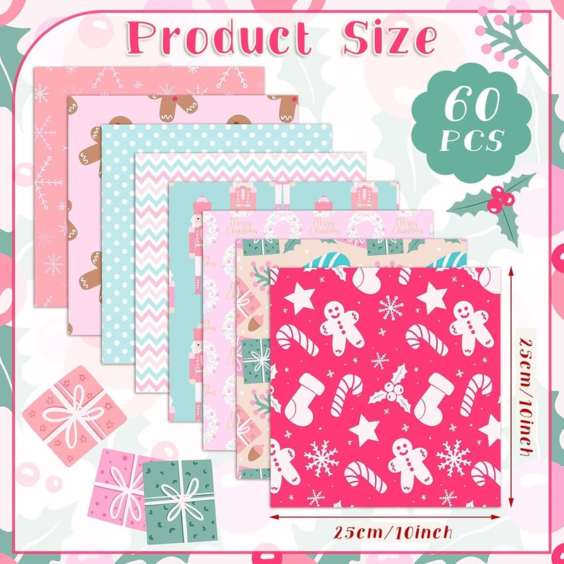 Oudain 60 Pcs 10 x 10 Inch Pastel Christmas Quilting Fabric Squares Vintage Christmas Fat Patchwork Precuts Pink Green Gingerbread Man Nutcracker Fabric Bundles for Xmas DIY Craft Sewing Handmade - Image 2